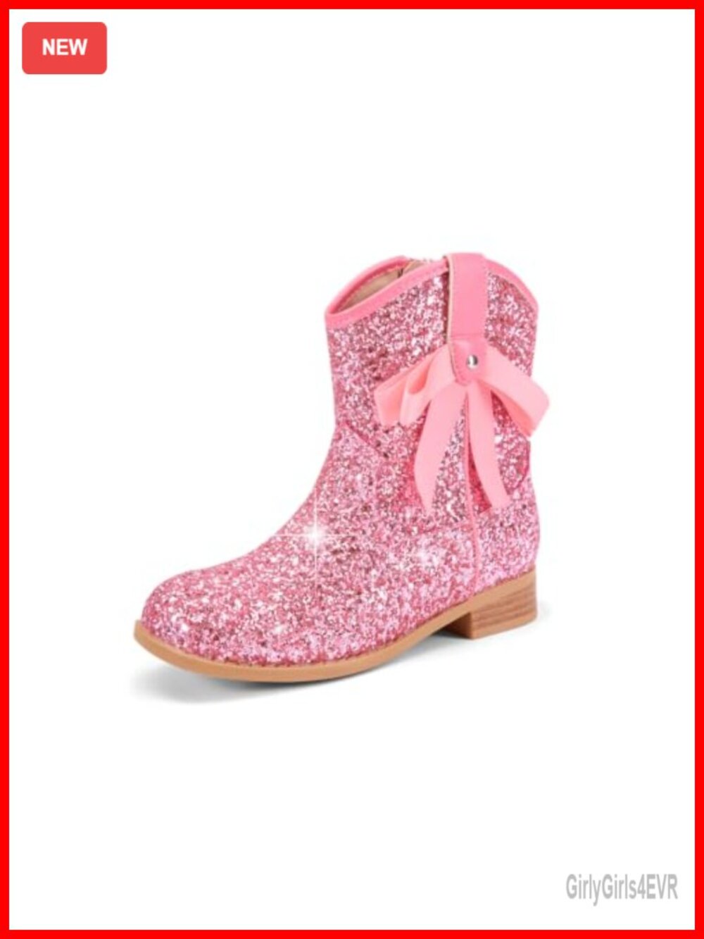 Girls Glitter Cowgirl Boots Low Heel Booties Bow Side Zipper Dress Boots
